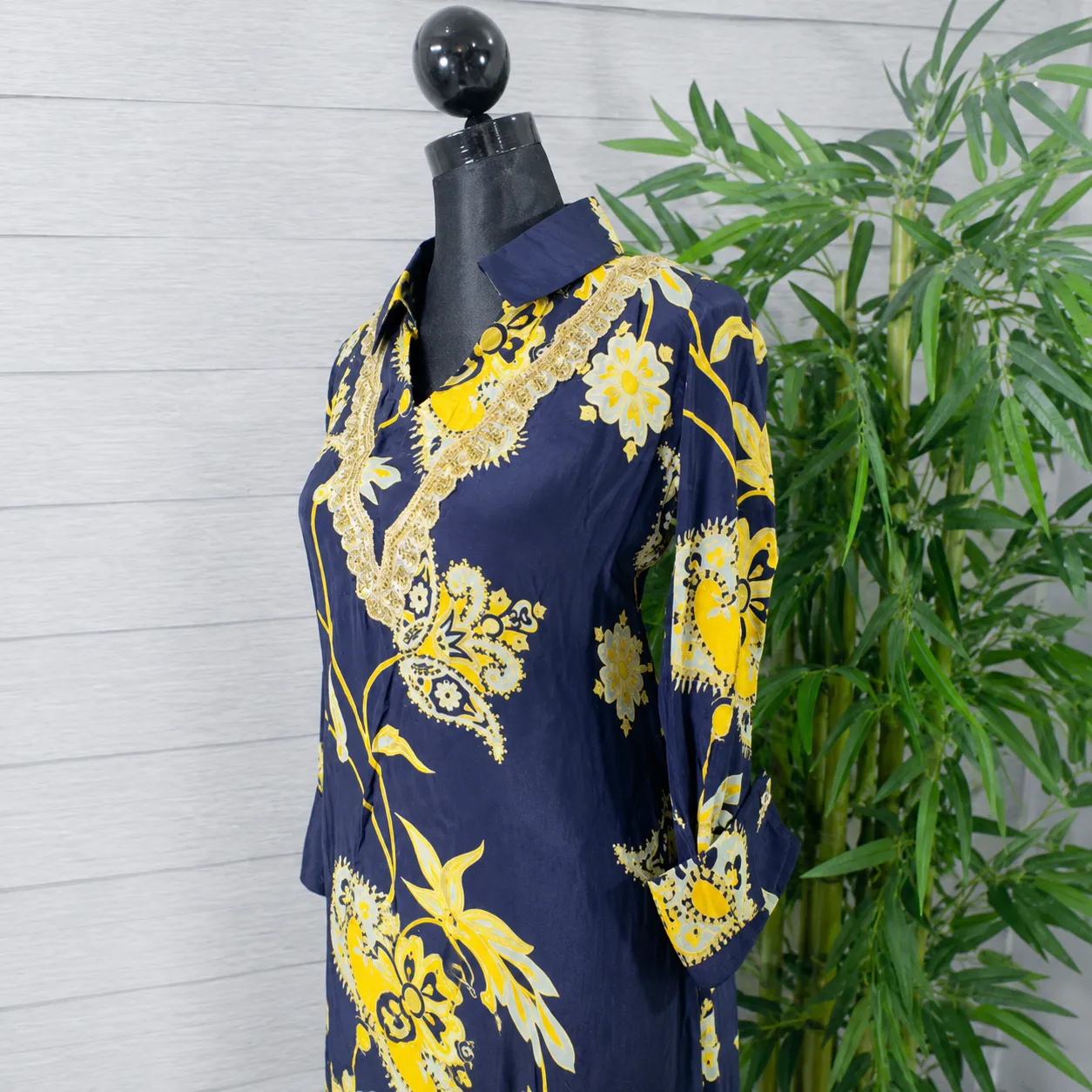 Elegant Floral Navy & Yellow Kurti with Navy Straight Pants